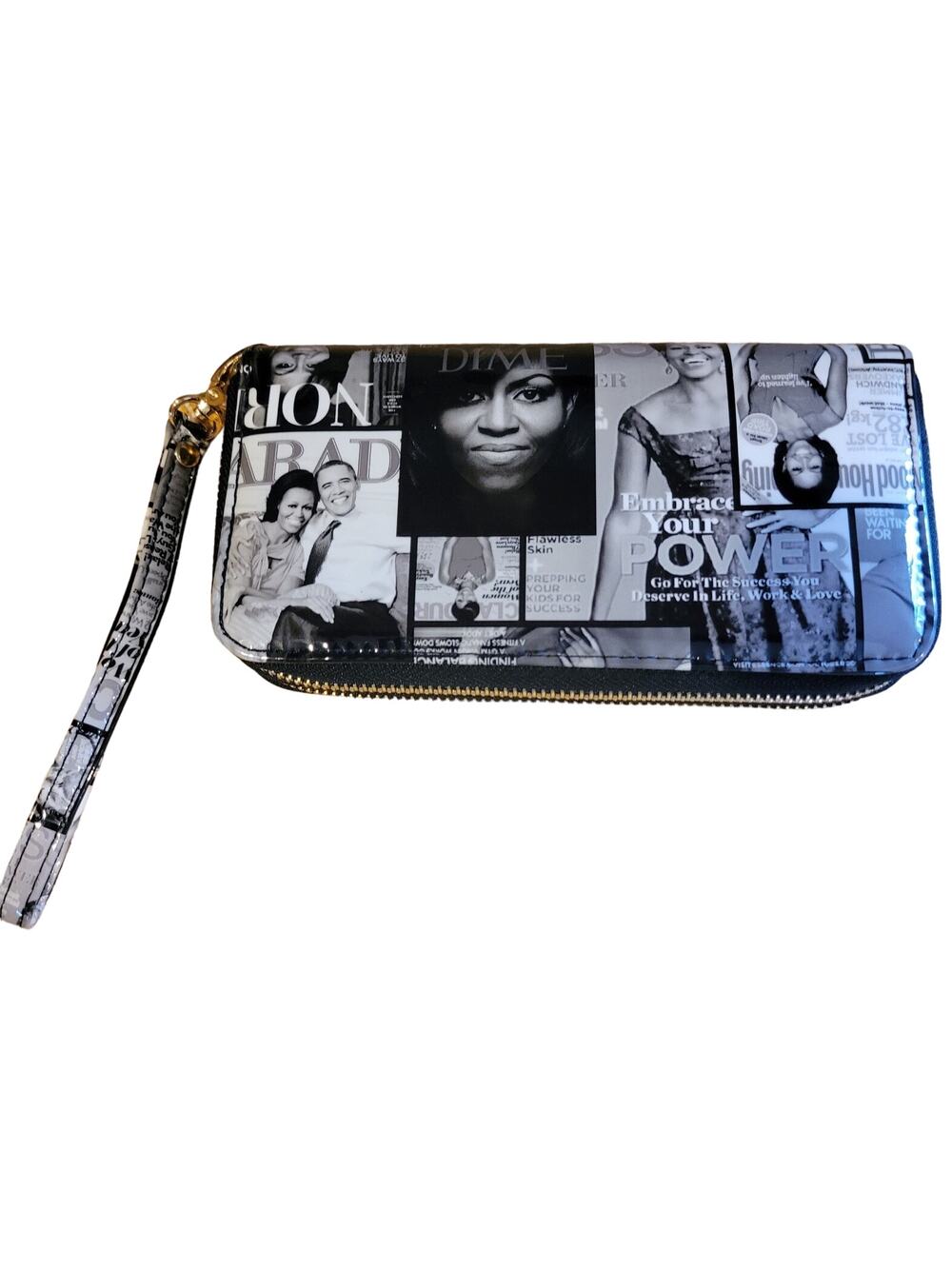 Michelle Obama Double Zip Black & White Magazine Cover Vinyl Wristlet 8 x 4.5
